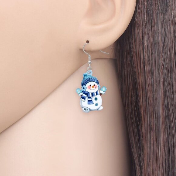 Women's Acrylic Cute Christmas Snowman Dangle Hook Hypoallergenic Earrings - Picture 2 of 6
